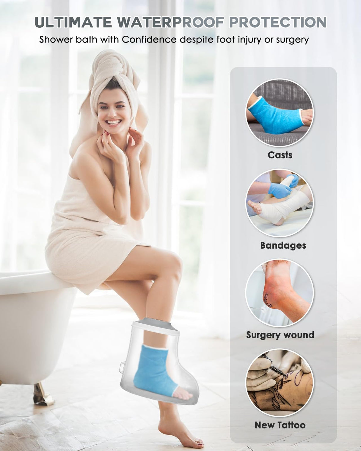 Waterproof Foot Cover for Shower Adult with Upgraded Non-Slip Bottom, Shower Boots for Foot after Surgery, Watertight Ankle Cast Protector Showeing Boot Cover for Bandage Dressing Wound, Reusable