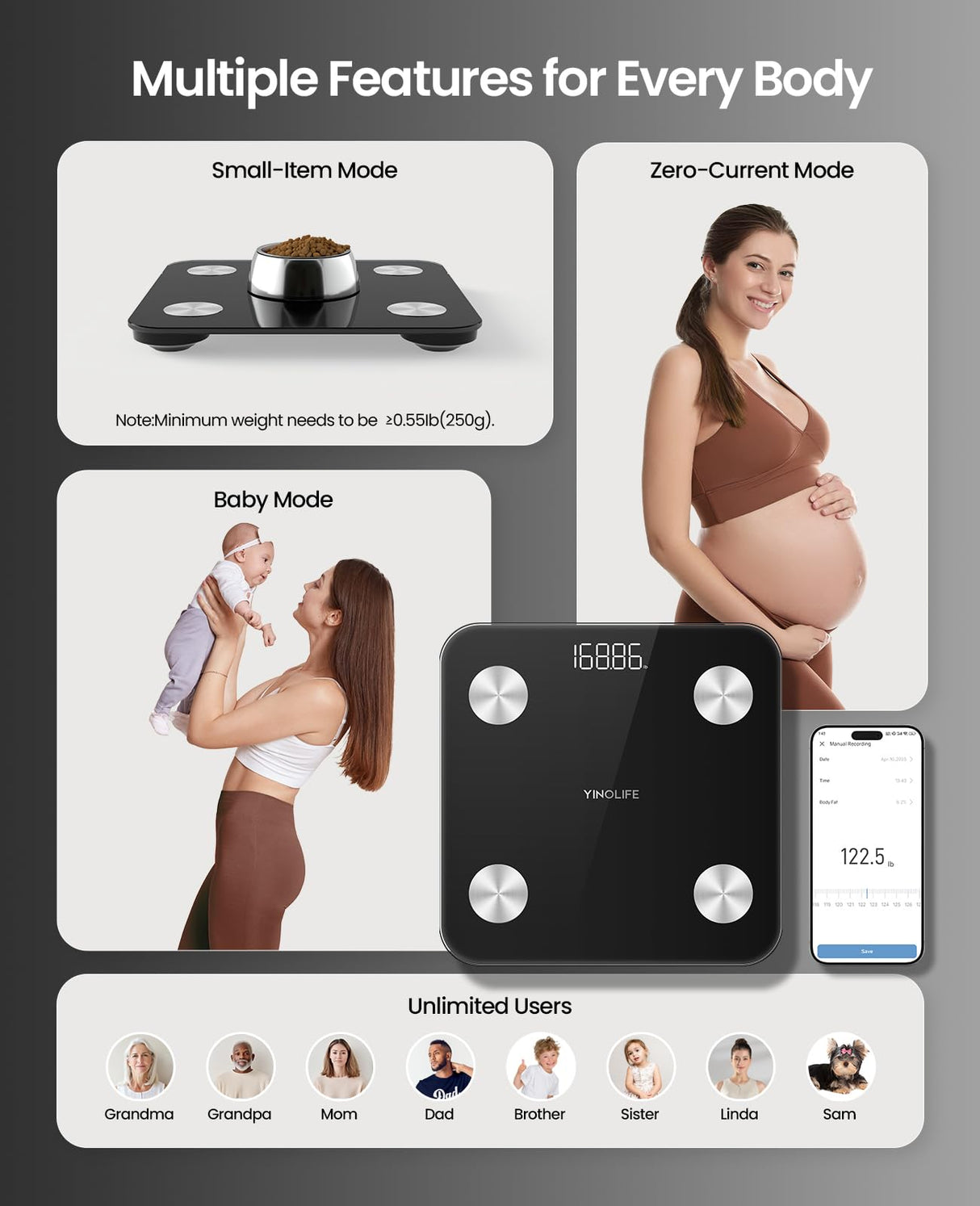 YINOLIFE Scale for Body Weight, Digital Smart Bathroom Weight Scale with BMI, Body Fat, Muscle Mass, Accurate 20 Body Composition Scale, 10.2" Compact Scale with APP, 400lb, Black