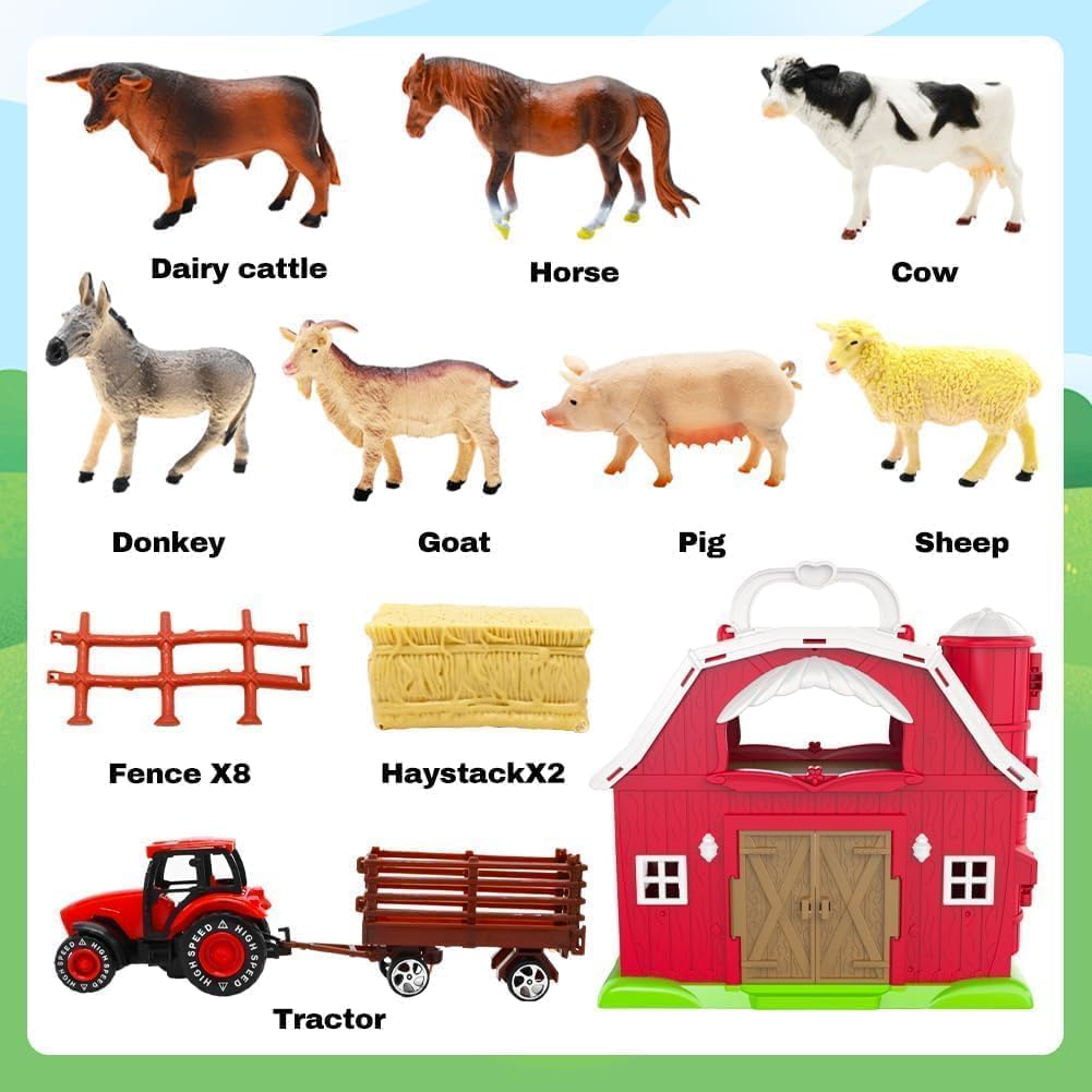 Big Red Barn Toys for Toddlers 1-3, Farm Animal Figures Playset with Tractor for 2 3 4 5 Year Old Kids, Musical Preschool Montessori STEM Learning Toys, Christmas Birthday Easter Gift for Boys Girls