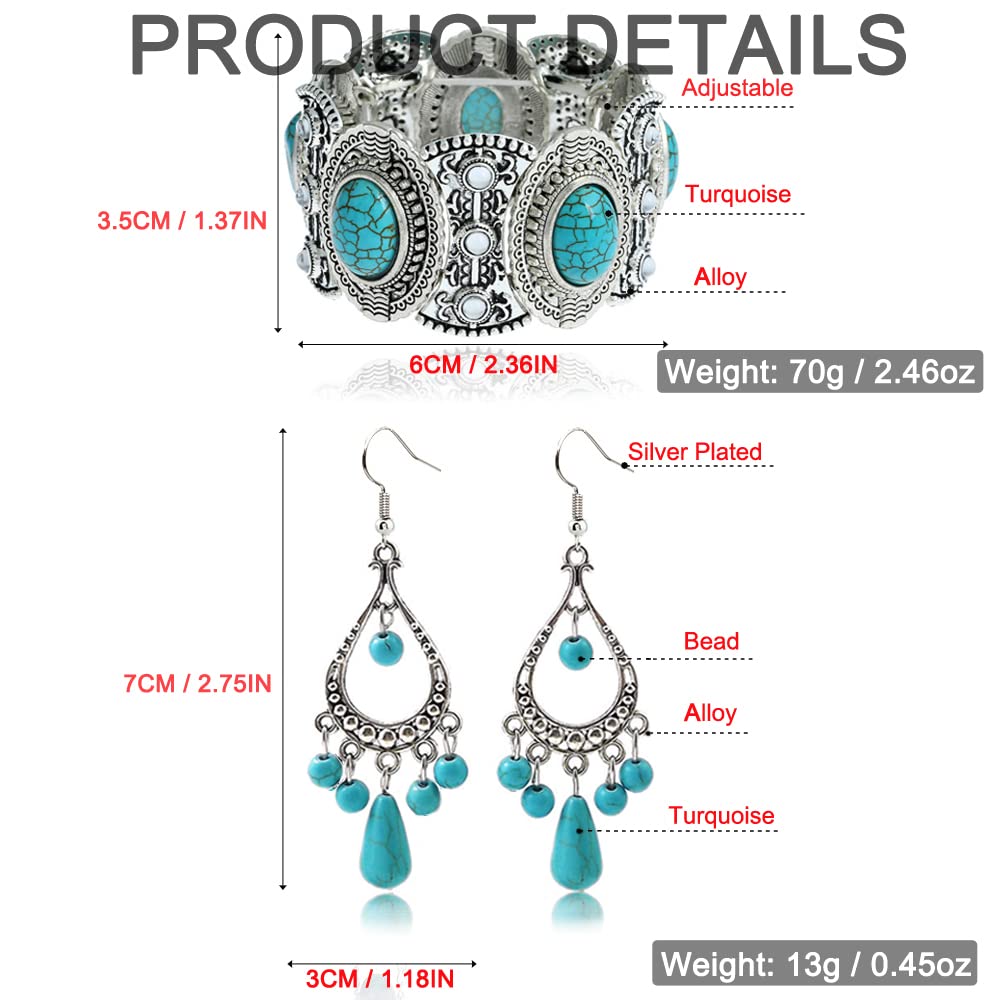 Bluegoog 3 Pieces Bohemian Turquoise Necklace for Women Western Jewelry Boho Necklace Set Vintage Pendant Long Choker Alloy Turquoise Dangle Earrings Layered Bracelets
