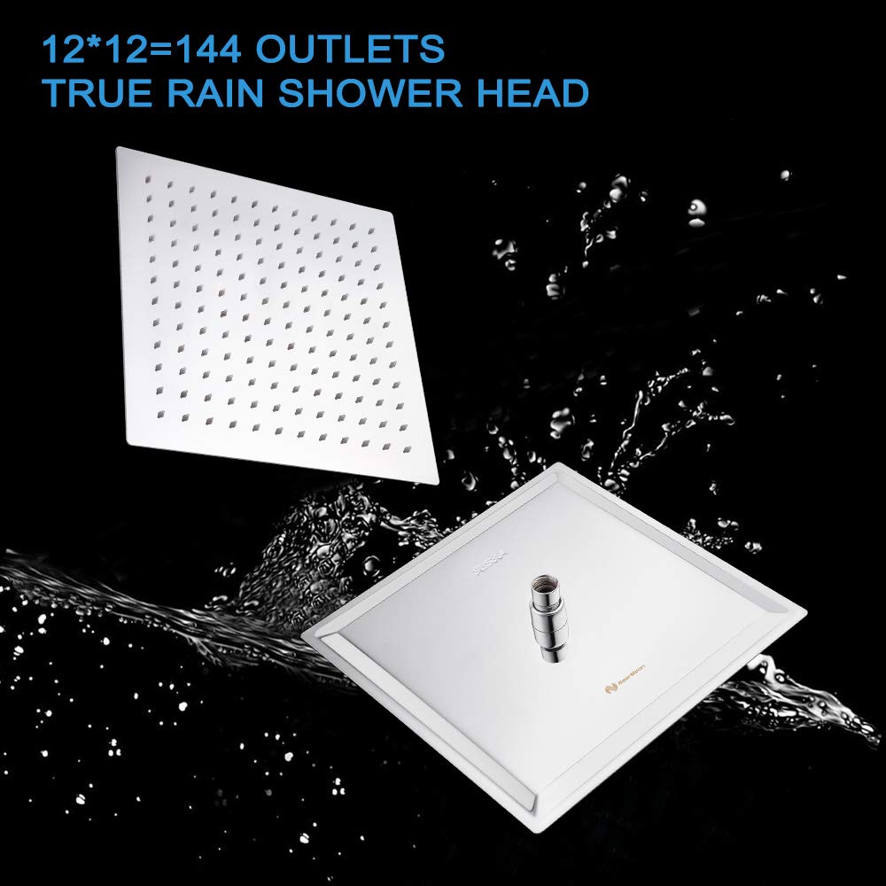 NearMoon Rain Shower Head, High Flow Stainless Steel Square Rainfall Shower, Waterfall Bath Shower Body Covering, Ceiling or Wall Mount (12 Inch, Chrome Finish)
