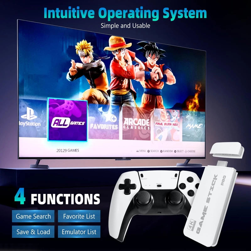 Retro Game Stick Pro, Wireless Retro Game Console with 4K HDMI, Built-in 23 Emulators, 20000+ Games, Plug and Play TV Video Game Console, 2.4GHz Dual Wireless Controllers, Game Emulator Console (64GB)