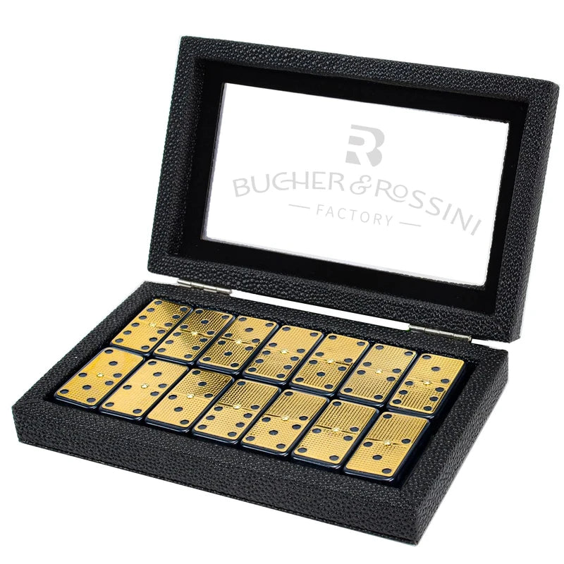 Bucher&Rossini Metal Surface Dominoes Set Double 6 for Adults and Kids - Claasic 28Pieces Gold Metal Surface Domino's Game Set Idea Gift Present for domino Players or Family Game Night