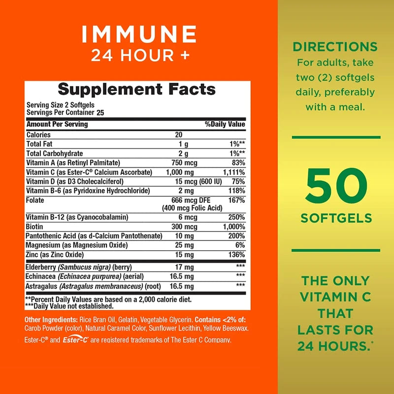 Nature's Bounty Nature's Bounty Immune 24 Hour +, The only Vitamin C with 24 Hour Immune Support from Ester C, Rapid Release Softgels, 50 Count