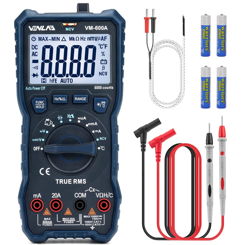 VENLAB Tester, 6000 Count, Digital Multimeter, AC/DC Voltage, AC/DC Current, Resistance, Diode, Conduction, Capacitance, Frequency, Temperature, NCV Measurement, Japanese Instruction Manual Included