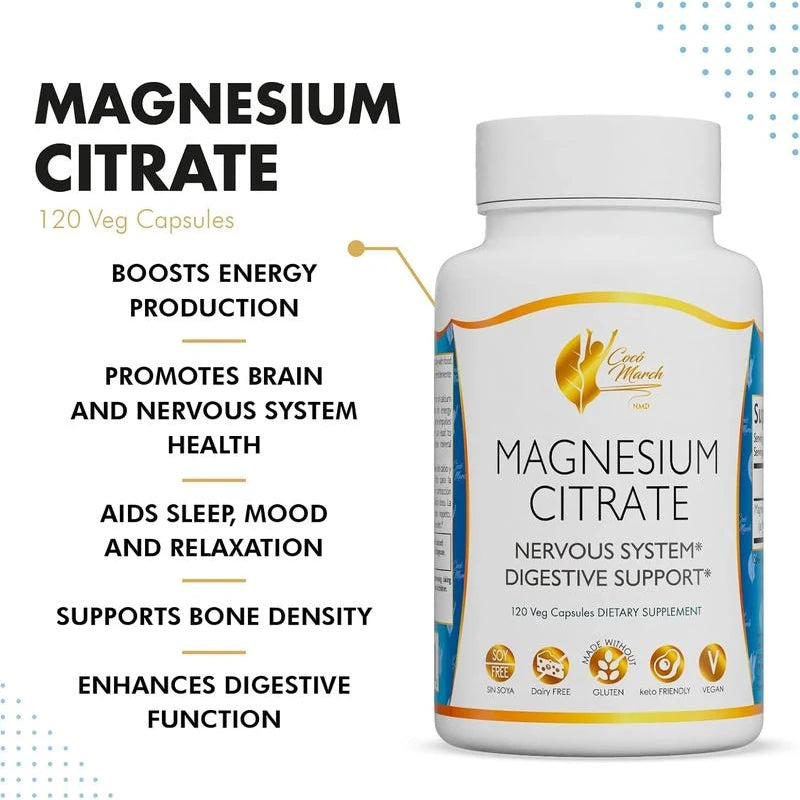 Coco March Magnesium Citrate - Relaxation- Sleep - Nervous & Digestive System Support, Gluten Free, Soy Free, Dairy Free, Keto Friendly, Vegan, 800 mg per Serving, 120 Capsules