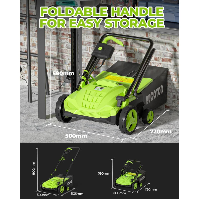 BUCOTOD 2-in-1 Electric Dethatcher and Scarifier, 13-Inch Raking & Scarifying, Turf Dethatcher & with 4-Position Height Adjustment, 14.5 gal Removable Thatch Bag for Lawn Health