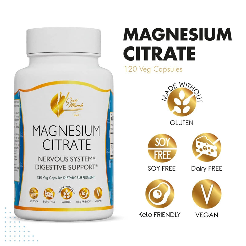 Coco March Magnesium Citrate - Relaxation- Sleep - Nervous & Digestive System Support, Gluten Free, Soy Free, Dairy Free, Keto Friendly, Vegan, 800 mg per Serving, 120 Capsules - 30 Servings