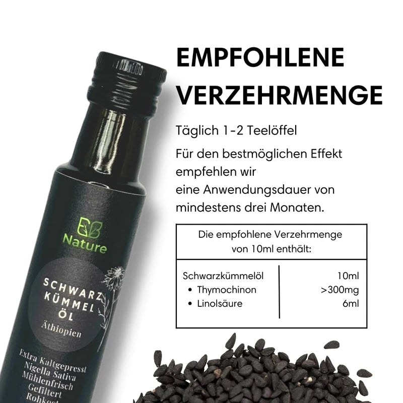 Premium Black Cumin Oil Filtered 100 ml | EB Nature 100% Pure, Gentle Once Cold Pressed, Ethiopian Nigella Sativa Seeds, Vegan, UV Glass - Extra High TQ Content - Mill Fresh from Manufacturer (1)
