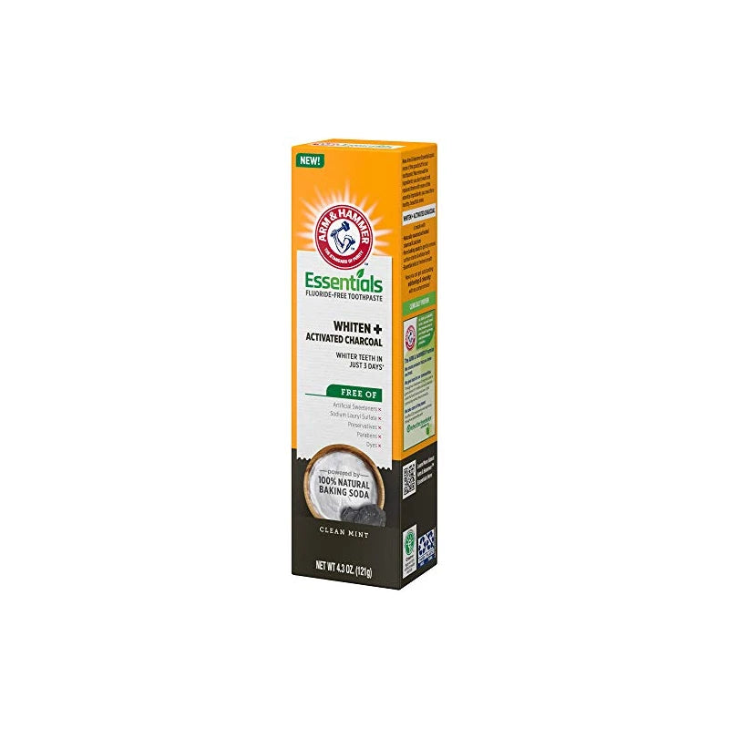 ARM & HAMMER Essentials Fluoride-Free Toothpaste Whiten + Activated Charcoal-4 Pack of 4.3oz Tubes, Clean Mint- 100% Natural Baking Soda