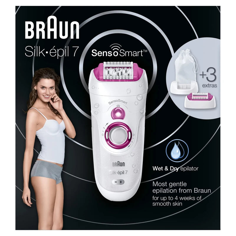 Braun Silk-Epil 7 7-700 SensoSmart Cordless Wet and Dry Epilator with 3 Extras, Pink