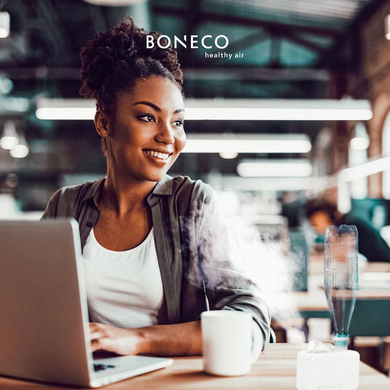 BONECO Ultraschall Vernebler U7146 I Reise-Luftbefechter I Für 0,5L PET-Flaschen I für Räume bis 20 m² I AUTO-Abschaltung I Leerstandsanzeige (weiß)