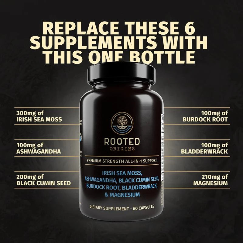 Rooted Origins Sea Moss Multimineral with Magnesium, Ashwagandha, Black Cumin Seed, Burdock Root, and Bladderwrack, Premium All-in-1 Formula, 60 Capsules, MADE IN USA
