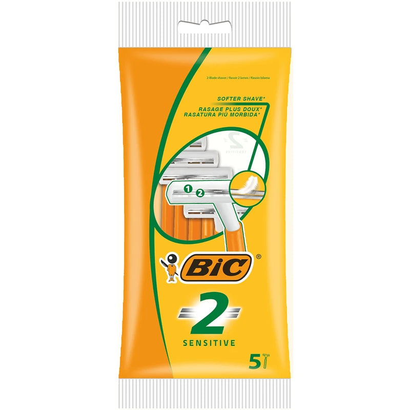 Bic 2 Sensitive Men's Razors, 5 Packs of 5 (25 Total) Disposable Razors - with Two Blades for a Close and Precise Shave