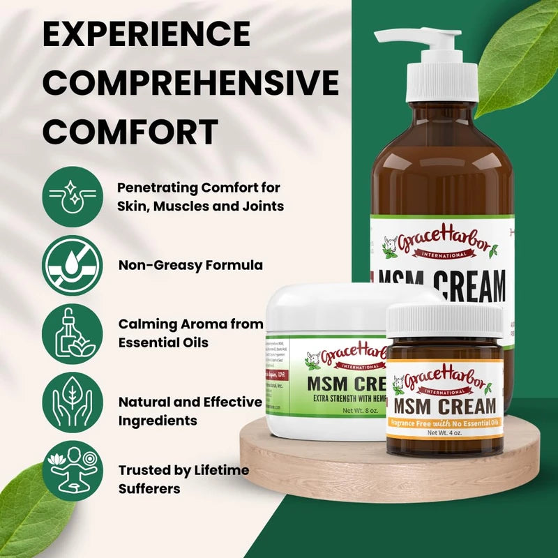Grace Harbor MSM Cream Extra Strength - Nourishing Skin, Muscle, and Joint Therapy – Goat Milk, Essential Oils, Vitamin E – Non-Greasy Whole Body Rub – Made with Prayer in USA - 4 Ounce