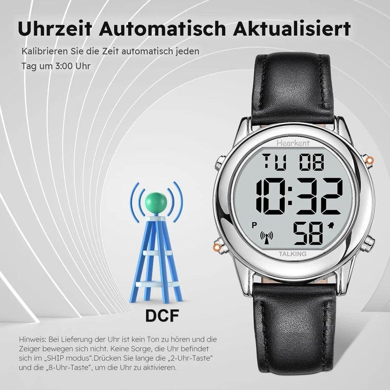 Hearkent Talking Clock Visually Impaired Radio-Controlled Clock German Voice LCD Large Number Easy to Read Senior Watch for Seniors Blind Clock, black, Strap.