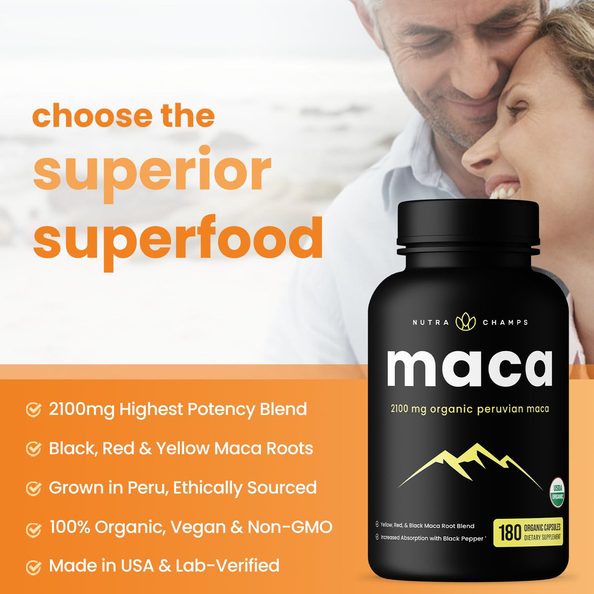 NutraChamps USDA Organic Maca Root Capsules for Women & Men, 2100mg, 180 Capsules, Black, Red & Yellow Peruvian Gelatinized, Highest Potency Maca Root Powder Supplement