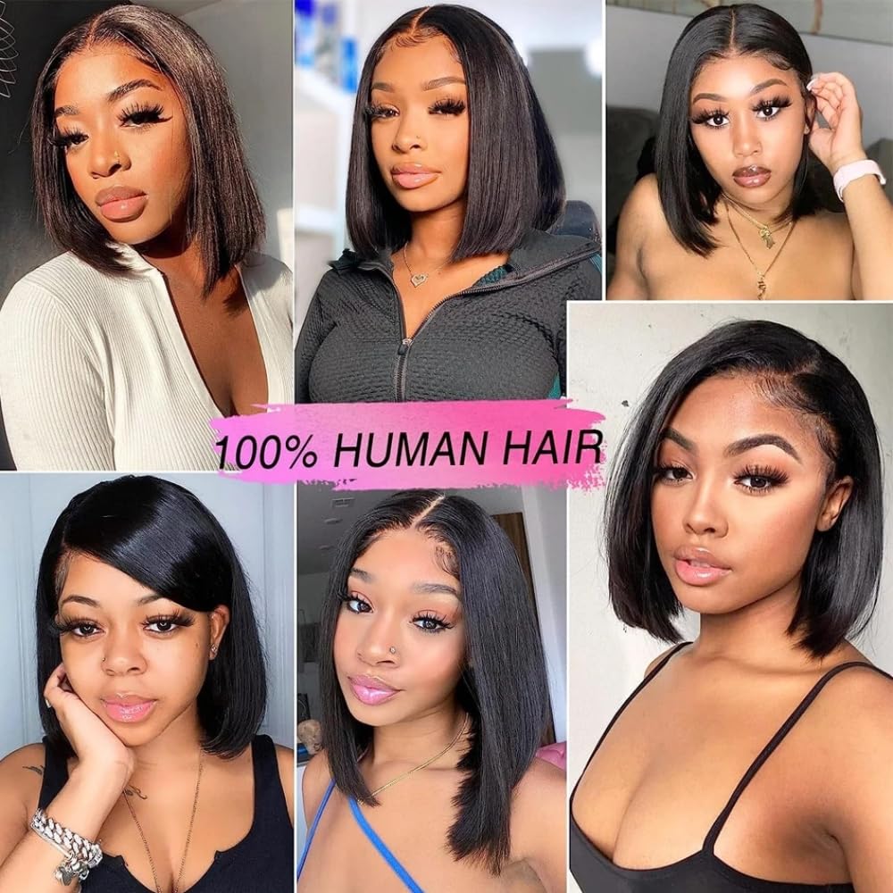 13x4 Lace Front Bob Wigs Human Hair 200 Density HD Transparent Lace Bob Wig for Women 14 inch Short Straight Bob Lace Frontal Wigs Glueless Pre Plucked With Baby Hair Straight Bob Wig Natural Color