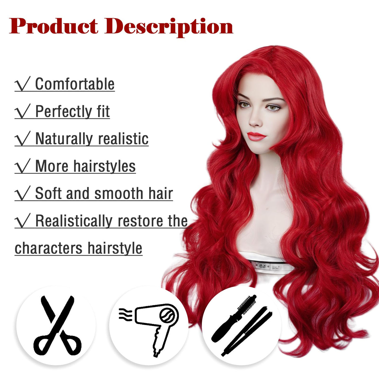 Red Curly Wig , Max Beauty Red Mermaid Cosplay Wigs for Woman with Starfish Hair Clips, Adult Long Hair Daily Wig Heat Resistant Synthetic Fiber for Halloween for Cosplay for Christmas (Red 1)