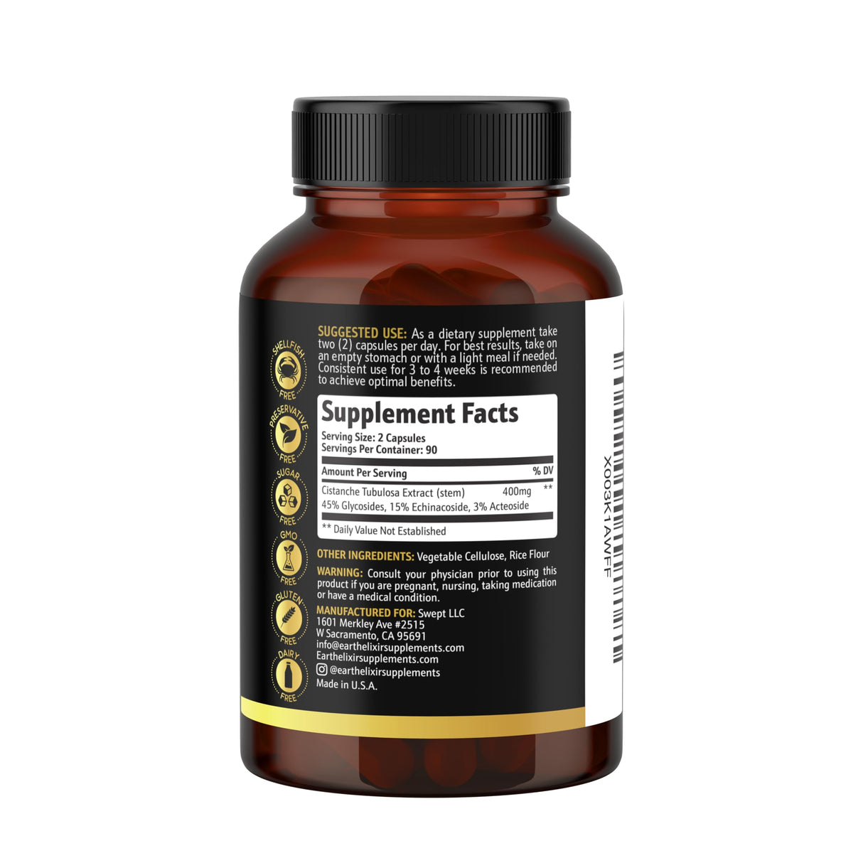 Earth Elixir Cistanche Tubulosa 400 mg (180 Capsules) 3 Months Supply – Made in USA - 3rd Party Tested - Cistanche Supplement - Zero Fillers - Max Purity - Nootropics - 100% Pure Cistanche Herb