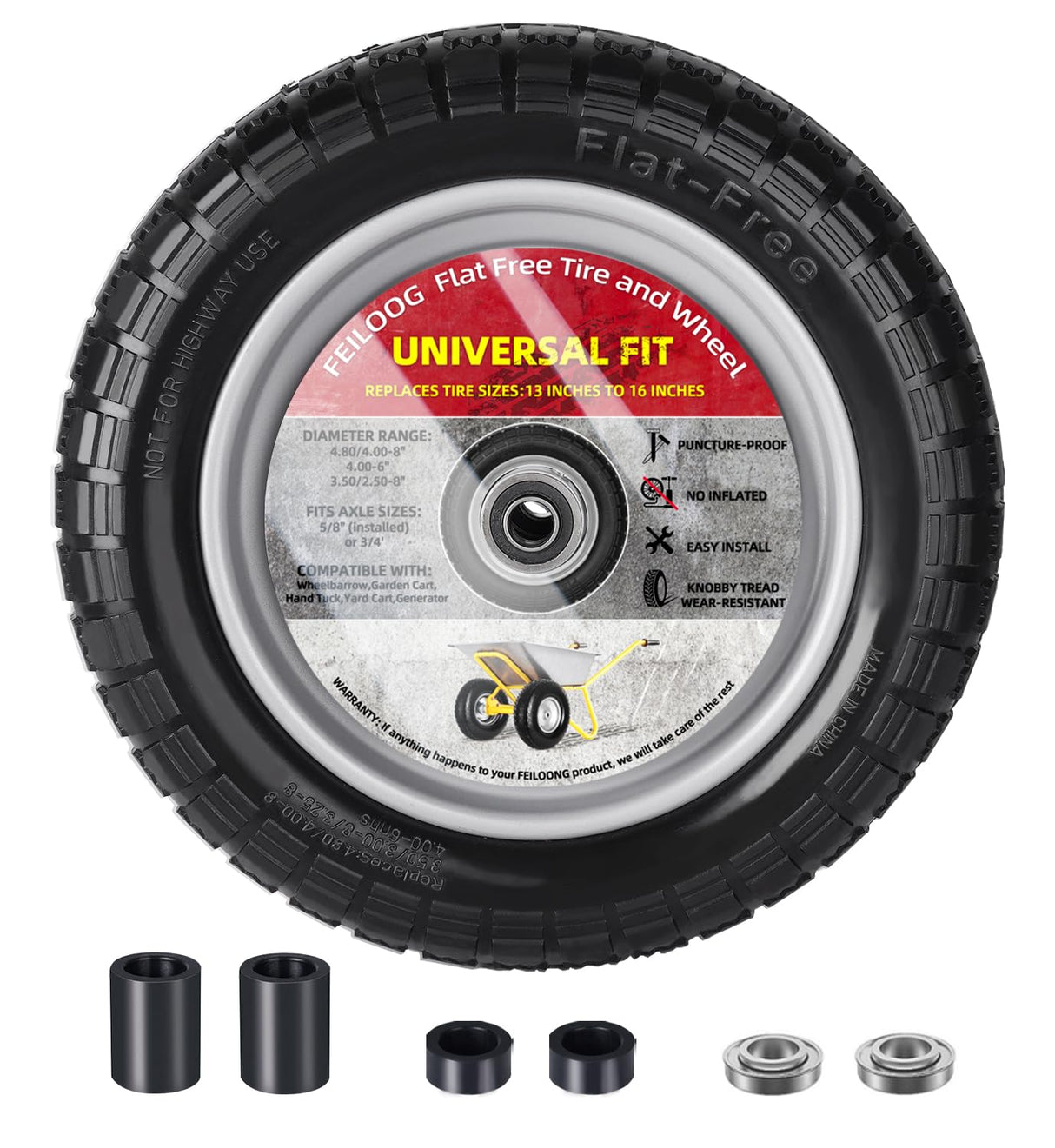 FEILOONG 4.80/4.00-8 Tire and Wheel, 14.5" Flat Free Wheelbarrow Tires