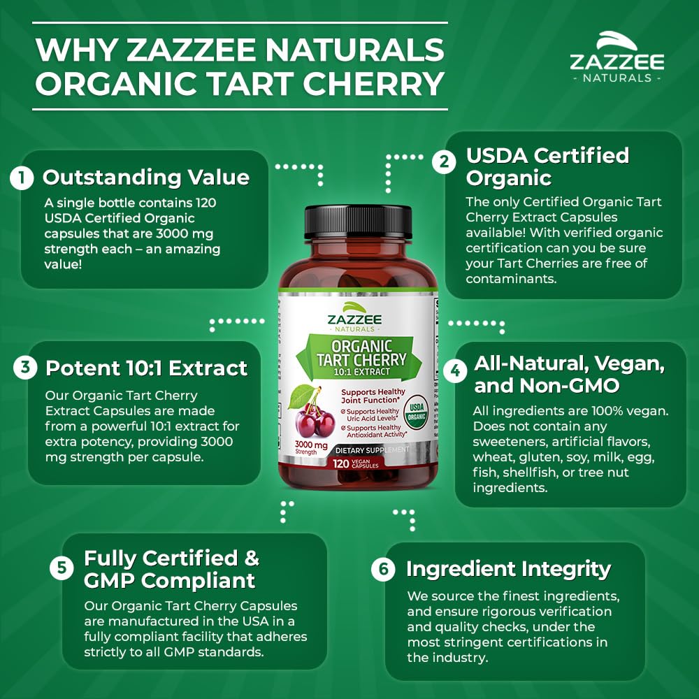 Zazzee USDA Organic Tart Cherry 10:1 Extract, 3000 mg Strength, 120 Vegan Capsules, 4 Month Supply, Standardized, Concentrated 10X Extract, 100% Vegetarian, Certified Organic, All-Natural and Non-GMO