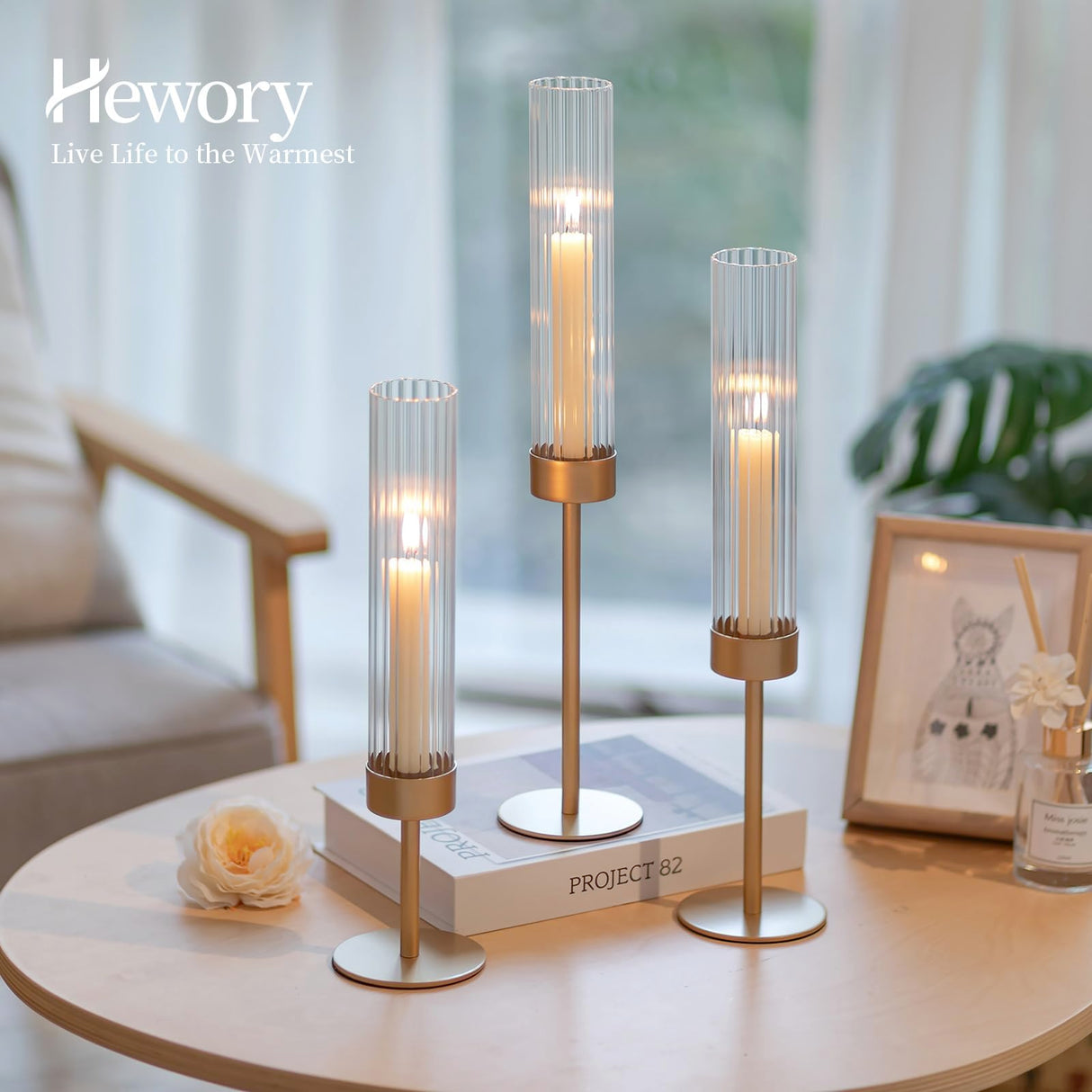 Hewory Gold Hurricane Candle Holders: Brass Candlestick Holders Set of 3 Tall Taper Candle Holders for Candlesticks Candle Sticks Holder Decor for Table Centerpiece Wedding Party Christmas Decorations