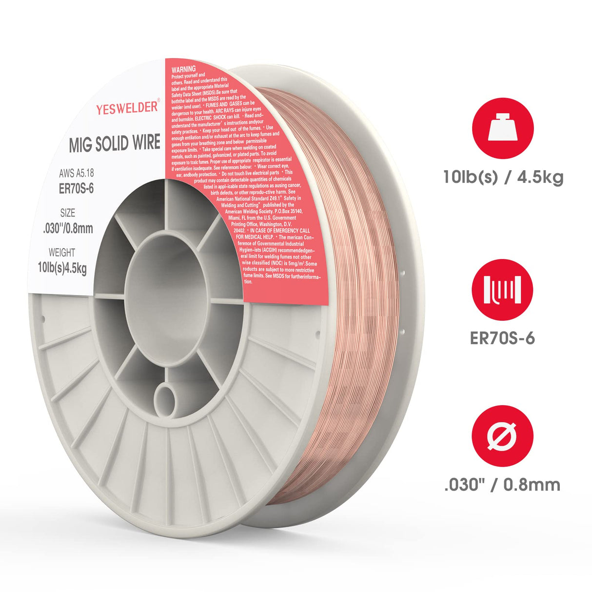 YESWELDER MIG Welding Wire, ER70S-6 Solid Carbon Steel, .030 Inch 10LB (0.8mm 4.5kg), High Feedability Strong ABS Plastic Spool MIG Wire