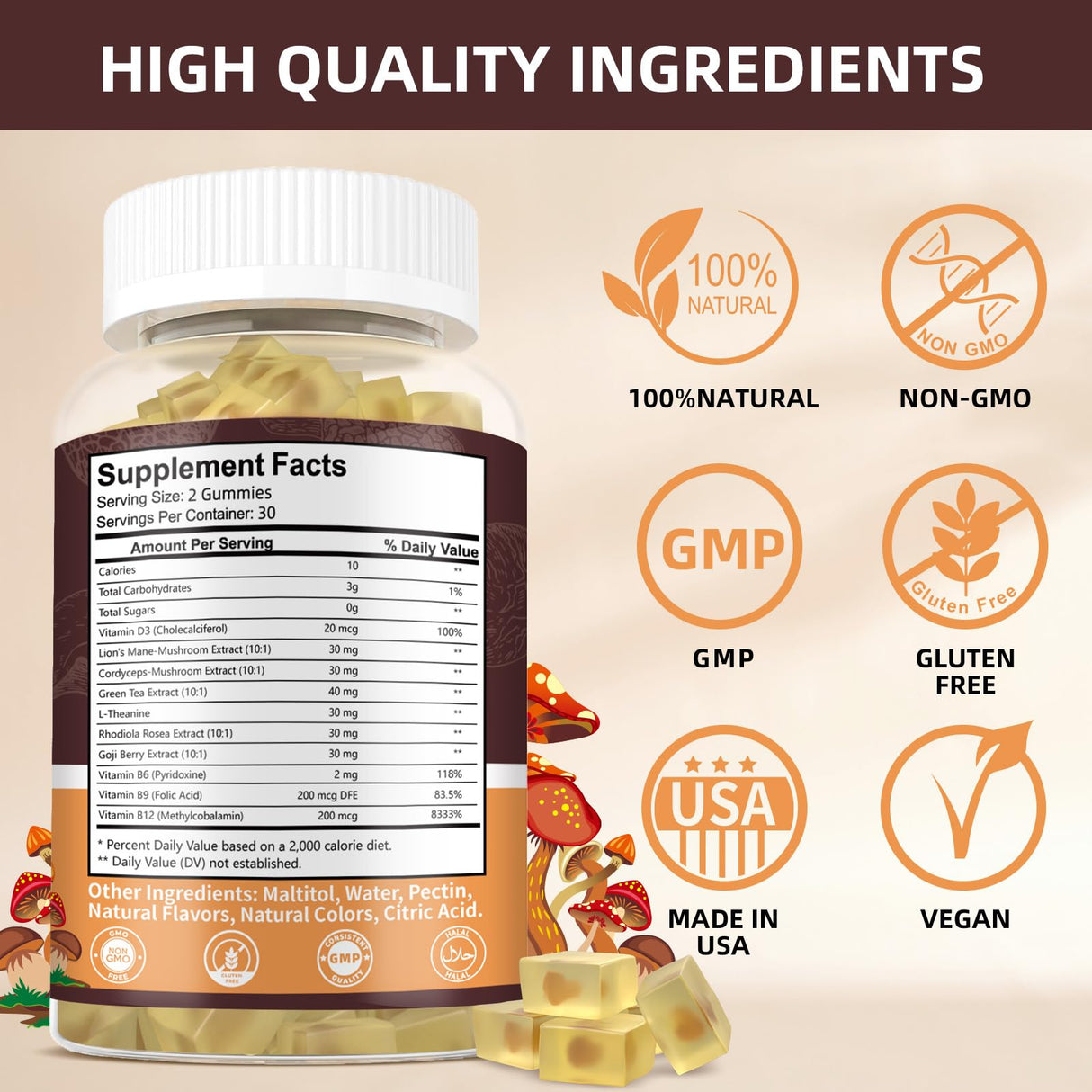 HEALOADING Mushroom Gummies with Lions Mane & Cordyceps | Brain Health, Immune Support & Memory Enhancement | Vegan Supplement with Vitamin D3, B6, B9, B12 | 60 Chewable Gummies
