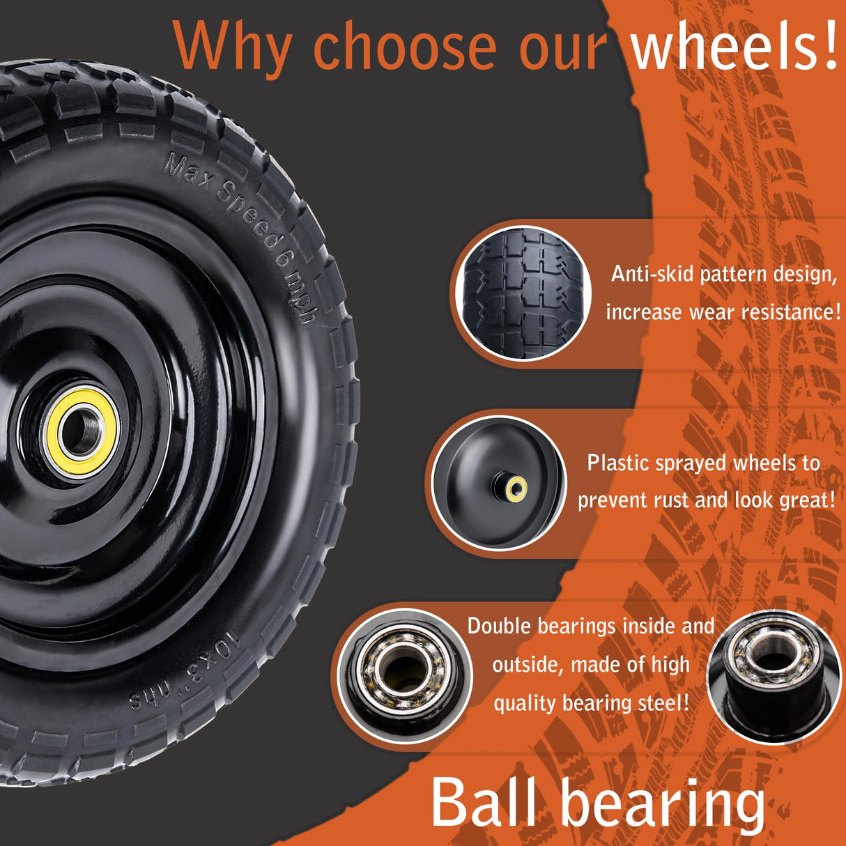 10" Solid Rubber Tires, 4.10/3.50-4 Tire and Wheel Flat Free, 2-Pack with 3/4" Bearings, 2.17"Offset Hub for GOR Garden Cart, Wheelbarrow, Trolleys, Hand Trucks & Yard Trailers
