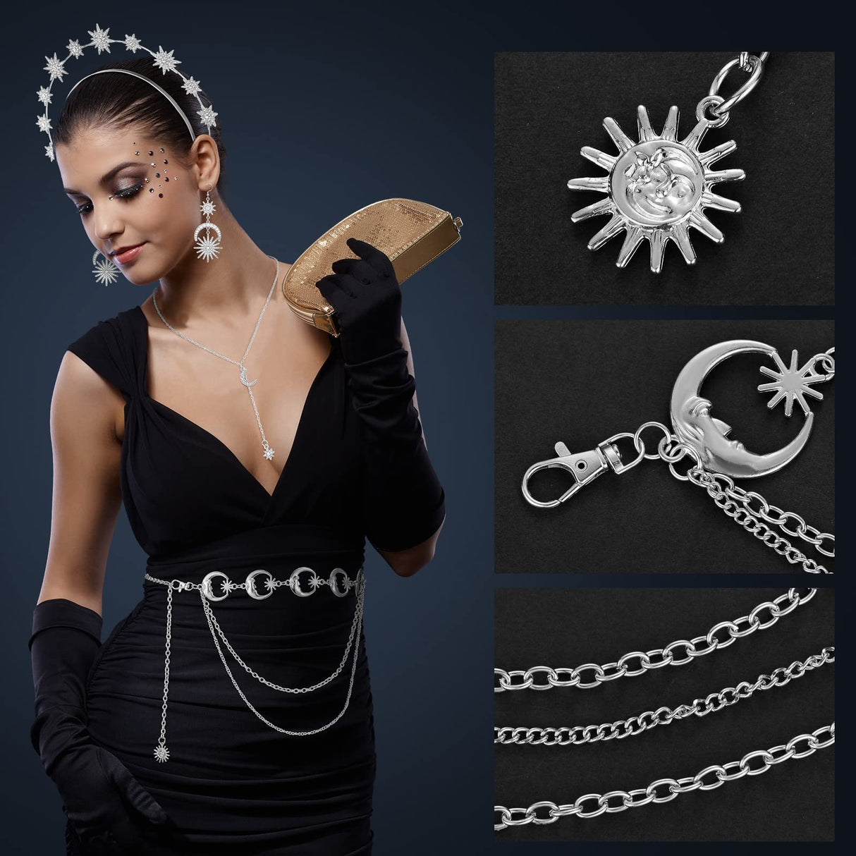 Glenmal 4 Pcs Celestial Jewelry Moon Star Necklace Headband,Silver