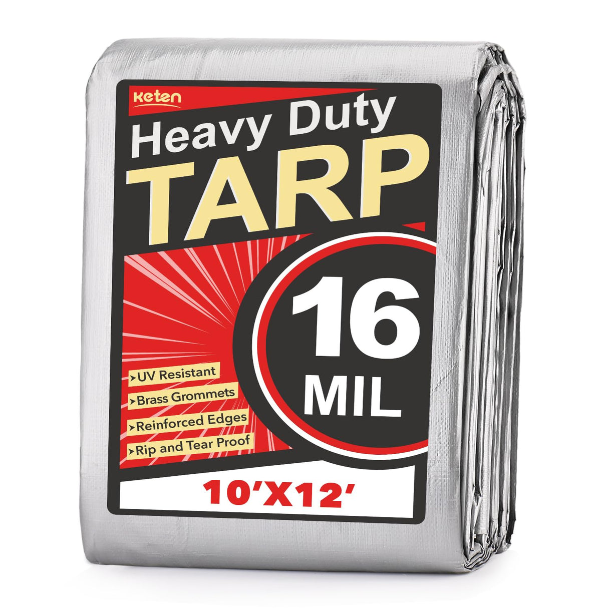 Keten Tarps Heavy Duty Waterproof 10X12 Feet, Extra Thick 16 Mil, Tear & Fade Resistant, UV Blocking, Outdoor Tarp with Reinforced Grommets for Roof, Camping, Patio, Pool, Boat(Silver/Black)