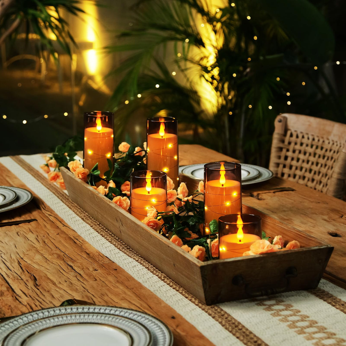 Homemory Flameless Candles with Embedded Star String Fairy Lights, Battery Operated Candles, LED Candle, Fake Candles with Remote Control and Timer for Halloween, Gray Acrylic, Set of 5(H4"5"6"8"8")