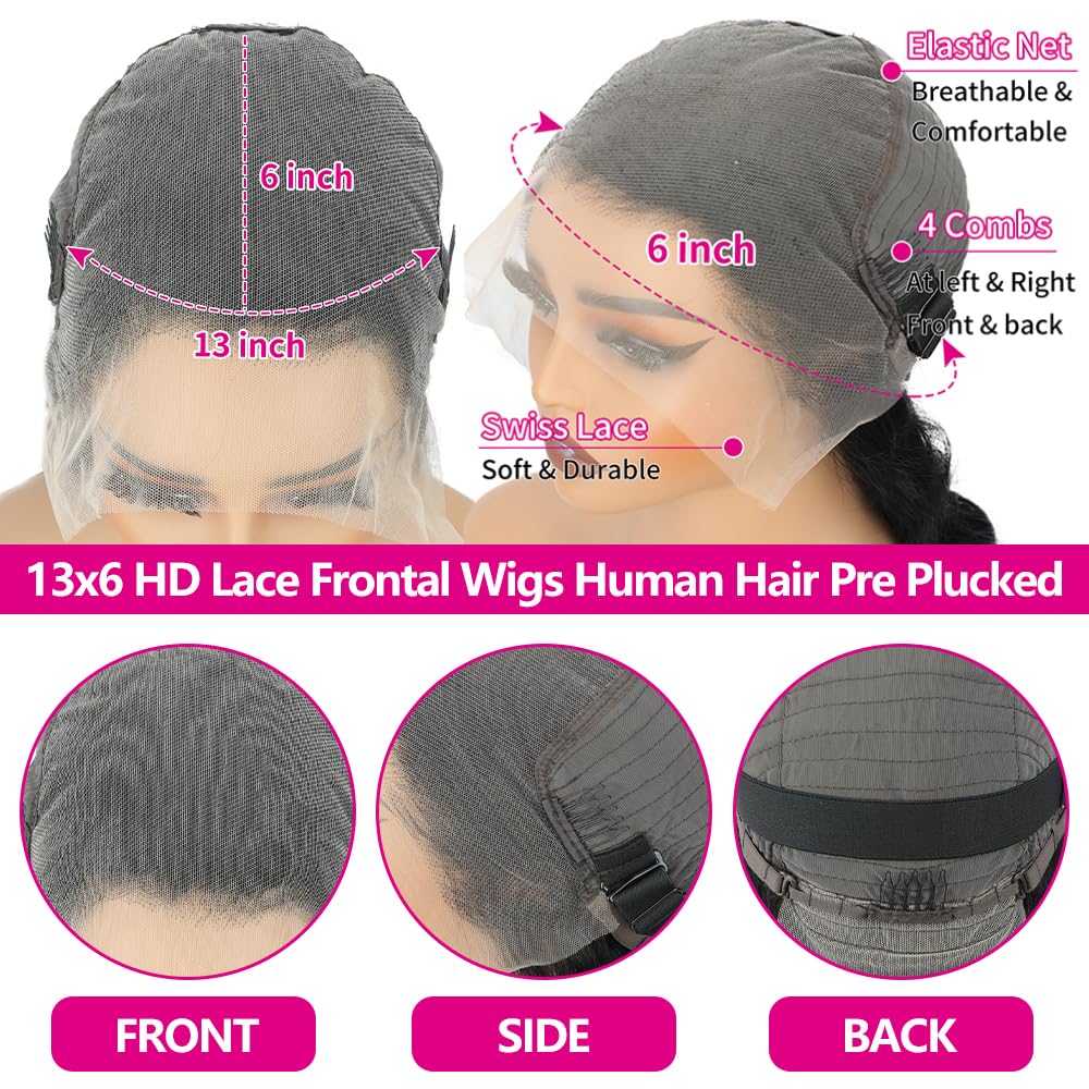 32 Inch 13x6 Body Wave Lace Front Wigs Human Hair 200 Density HD Transparent Lace Front Wigs Human Hair Glueless wig for Women Body Wave Wig Pre Plucked with Baby Hair Lace Frontal Wig Natural Black