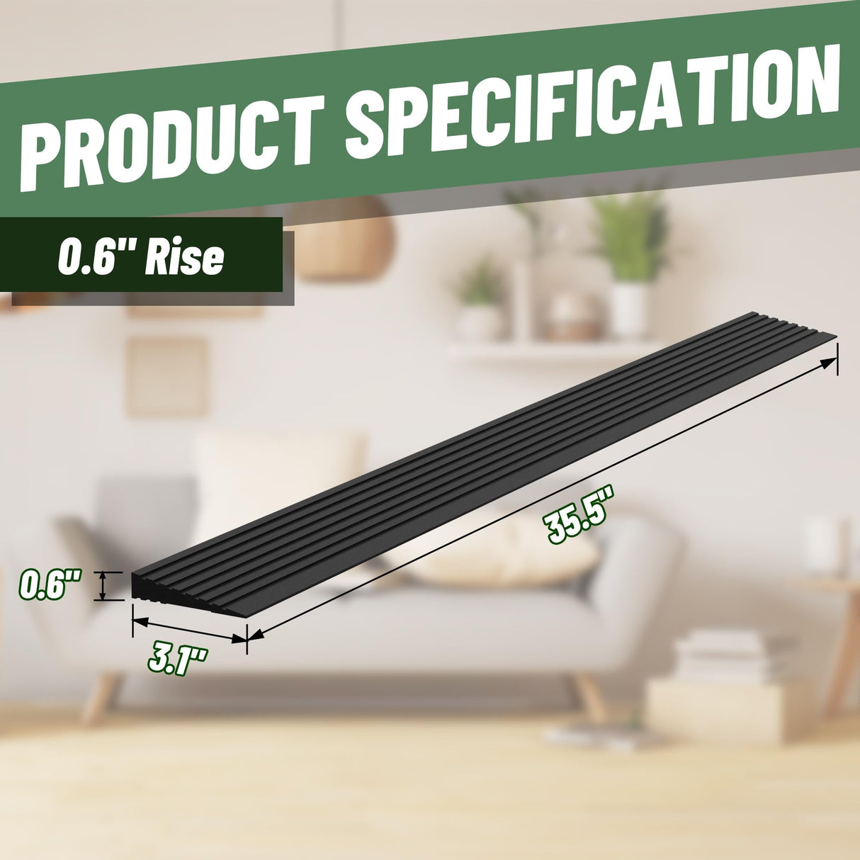 Nuvium 0.6" Rise Threshold Ramps for Doorways, 2000 Lbs Load Capacity, 35.5" Wide Natural Rubber Power Wheelchair Ramp is Adjustable and Cuttable for Doorways, Curb, Sweeper, Power Scooters, Bathroom