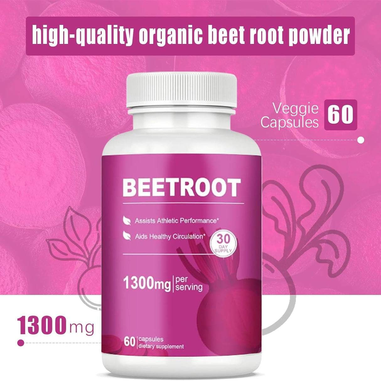 Organic Beet Root Capsules – 1300mg Beetroot Powder for Natural Energy & Endurance Support, Non-GMO, 60 Capsules, 30-Day Supply (1pc)