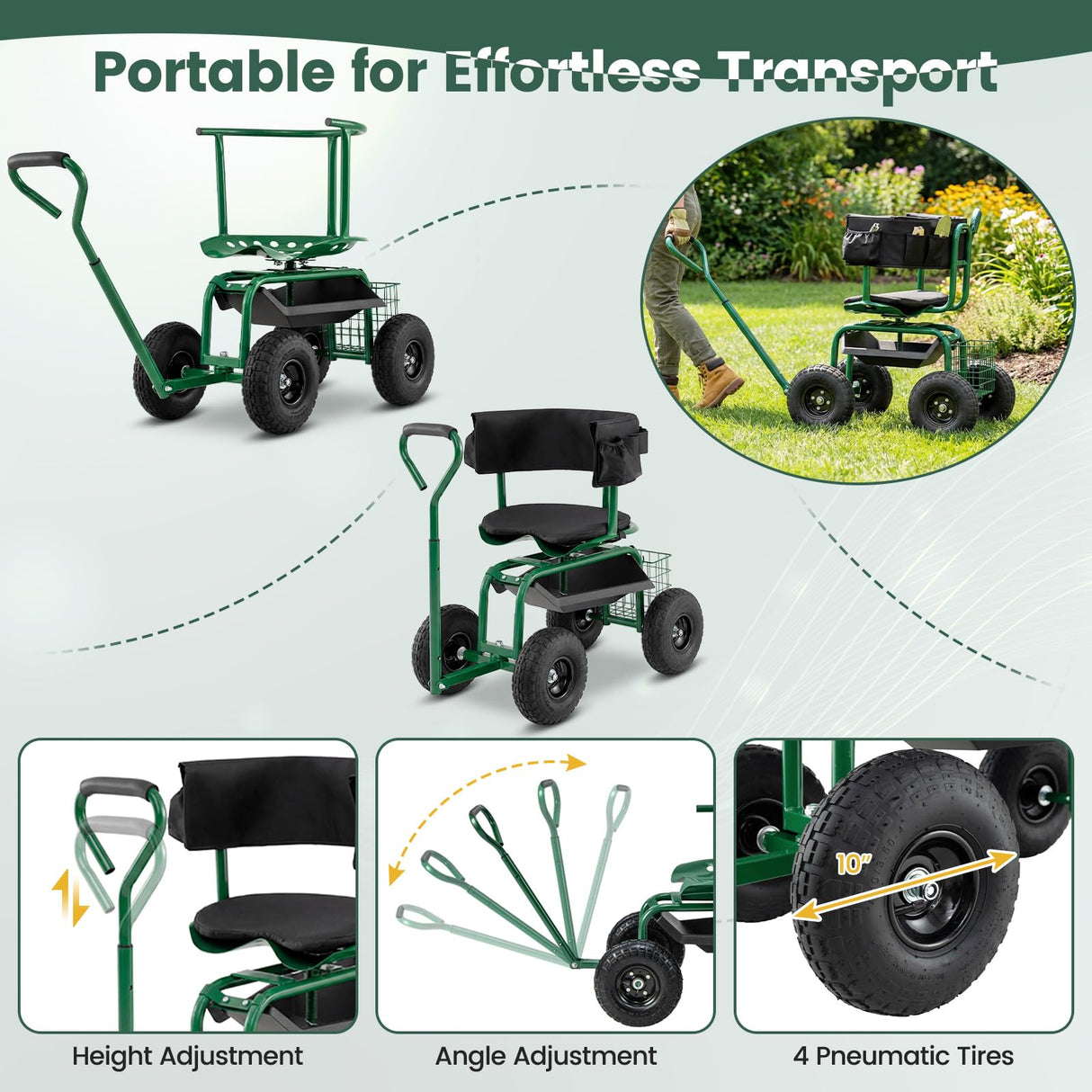 Goplus Garden Seat with Wheels, Rolling Gardening Stool with Adjustable 360° Swivel Seat, Tool Tray & Storage Basket, Extendable Handle, Outdoor Gardening Scooter, Garden Cart Workseat for Seniors