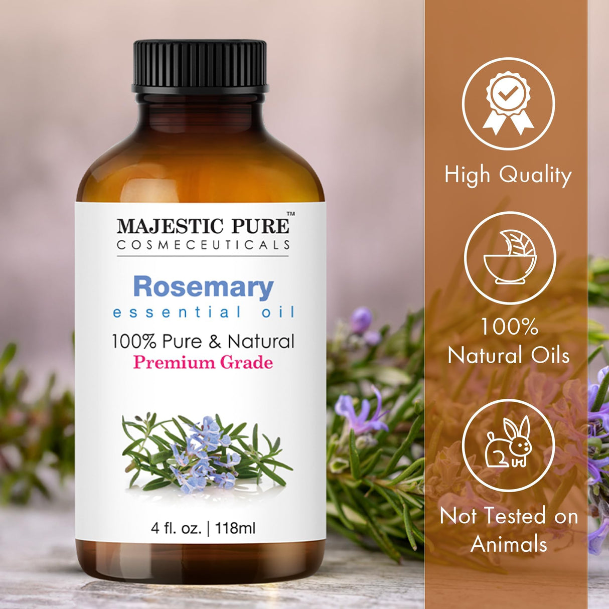 Majestic Pure Rosemary Essential Oil with Glass Dropper | 100% Pure and Natural Rosemary Oil | Premium Grade Essential Oils for Diffusers, Skin, Aromatherapy, Massage | 4 Fl Oz