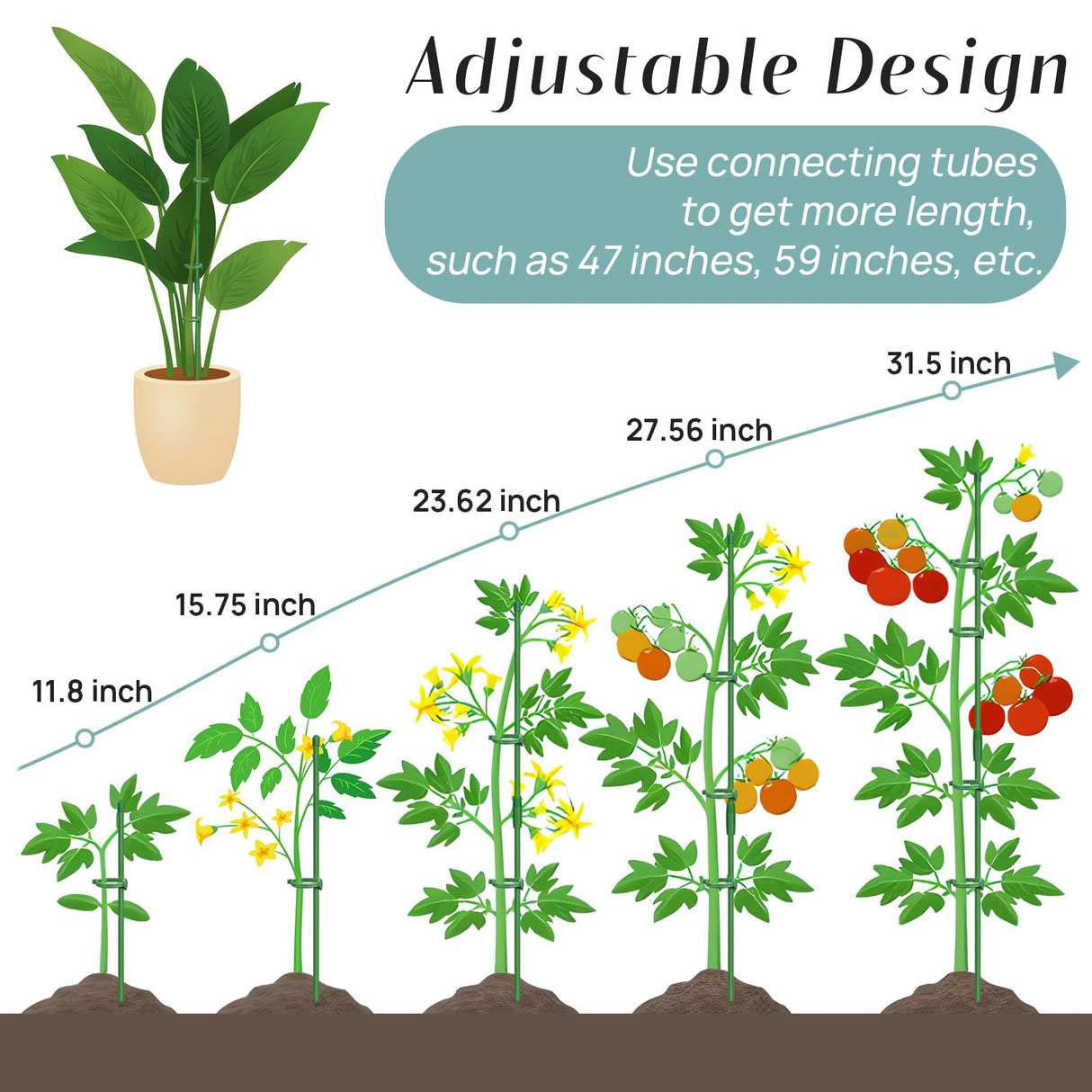 Catephe 40 Pcs Plant Support Stakes, Garden Stakes for Indoor Plants, Tall Adjustable Plant Sticks with 40 Clips and 20 Connectors for Monstera, Tomato, Vine Potted Plants