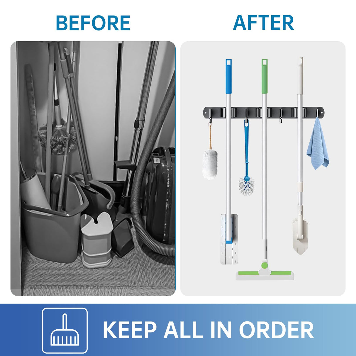 ZONGOOL 2 Pack 3 Racks and 4 Hooks Mop and Broom Holder Wall Mount, Heavy Duty Broom Hanger Organizer Storage Tool Racks Stainless Steel Self Adhesive Wall Hanger for Kitchen Garden Laundry Garage