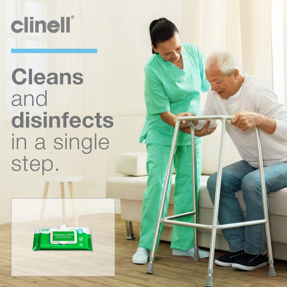 Clinell Universal Cleaning and Surface Disinfection- Multi Purpose - Kills 99.99% of Germs, Effective from 30 Seconds - 1 x Clip Pack of 50 Wipes