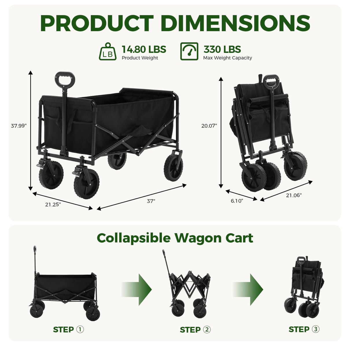 DUMOS Collapsible Wagon Cart, 330lbs Capacity, Black
