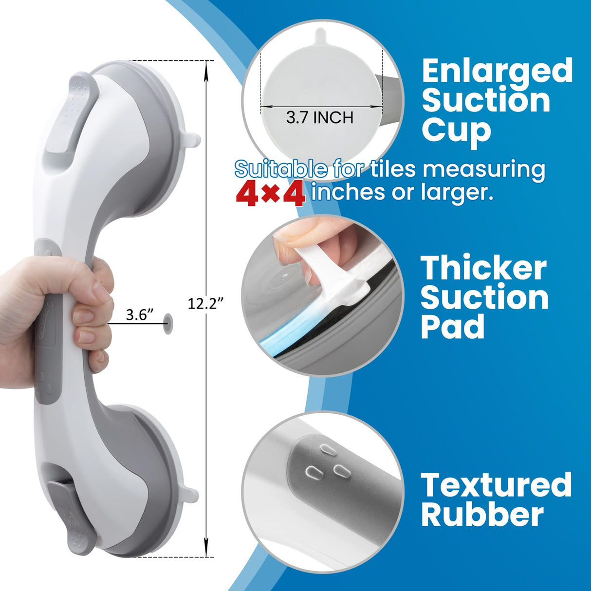 LEVERLOC Grab Bars for Bathtubs and Showers 2 Pack Suction Grab Bar, Heavy Duty 12 Inch Shower Handle Removable Bath Handrails for Seniors and Elderly, Bathroom Safety Grip No Drilling Waterproof Grey