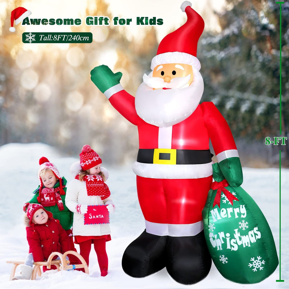 8 FT Christmas Inflatable Santa Claus Outdoor Decoration for Yard, Blow up Santa Decor with Big Gift Bag, Built-in LED Lights for Garden Patio Lawn Home Indoor Winter Holiday Party, IP44 Weatherproof