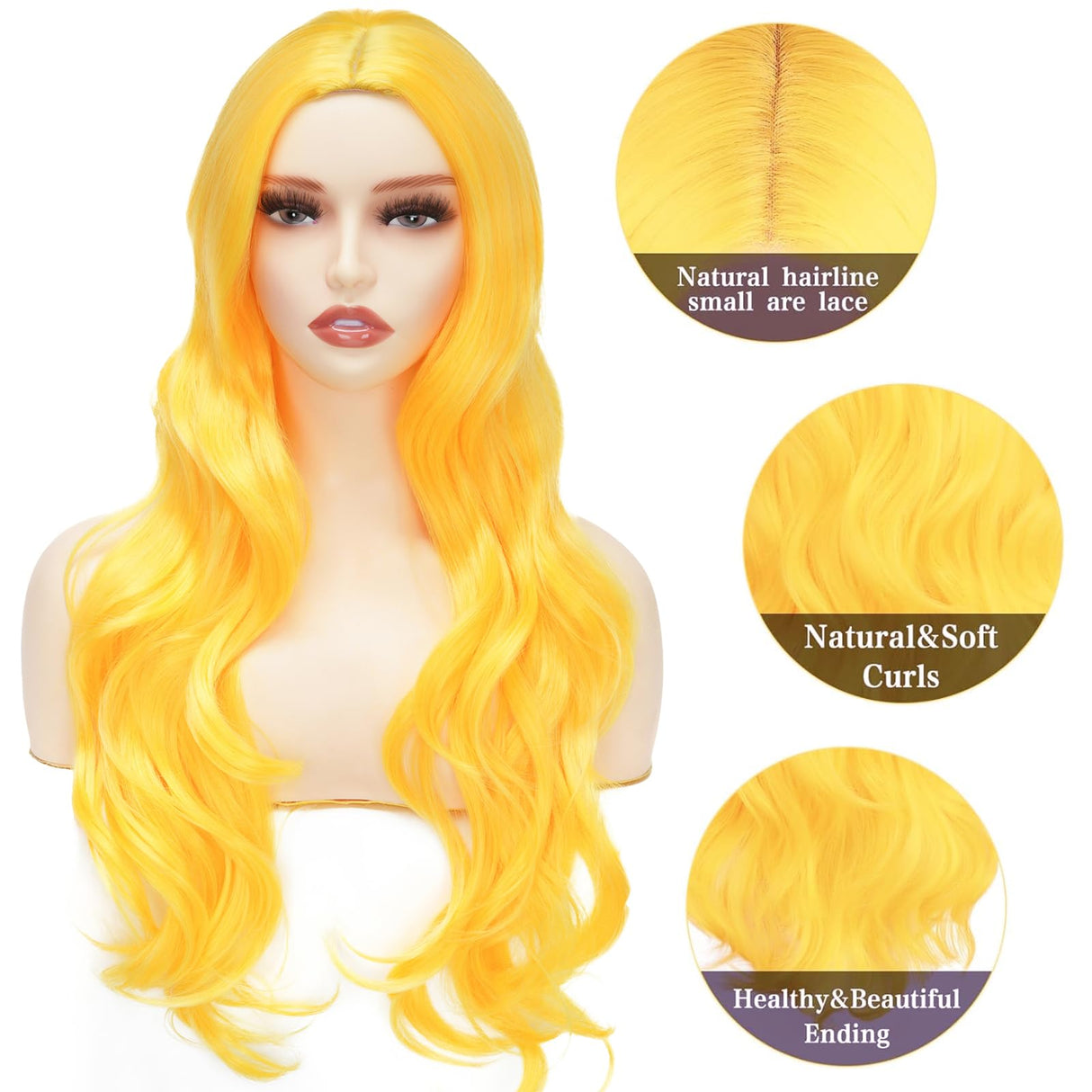 Sabosi Yellow Wig Long Curly Wavy Cute Colorful Wigs Middle Part Synthetic Hair Wigs for Christmas Cosplay Daily Party Wigs