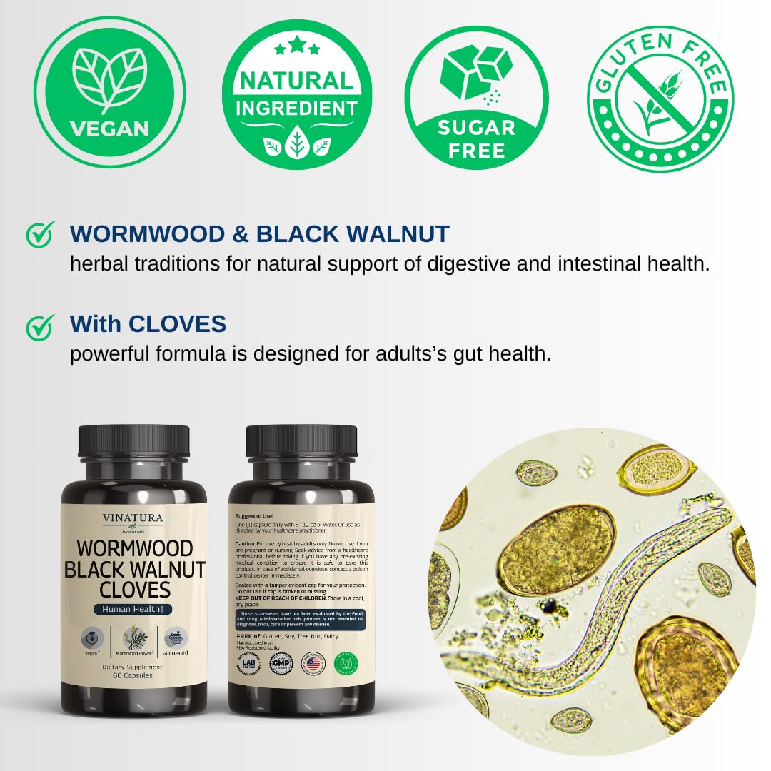 VINATURA Wormwood Black Walnut Clove Capsules - Cleanse, Detox, Intestinal Guard Formula Supplement for Humans, with Wormwood herb, Black Walnut Extract Combination, 60 Capsules