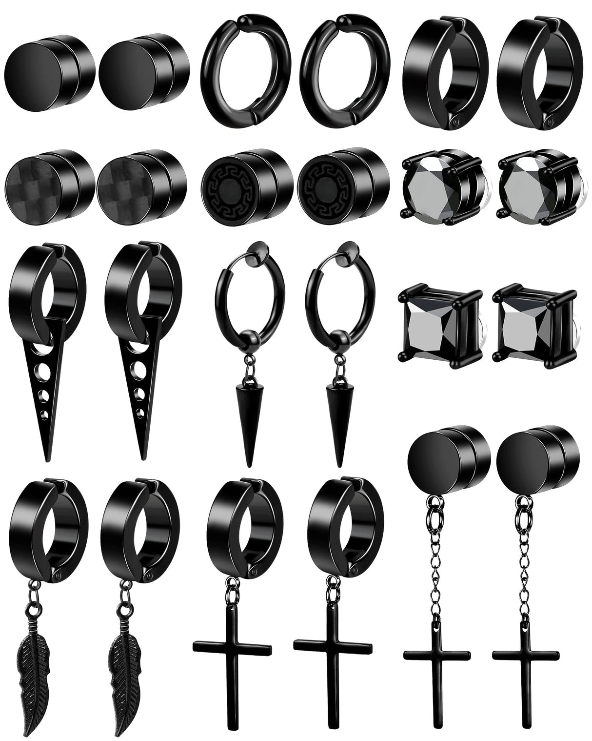 ONESING 12 Pairs Black Magnetic Earrings: Clip On, Hoop & Dangle Designs - Non-Piercing Set for Men & Women