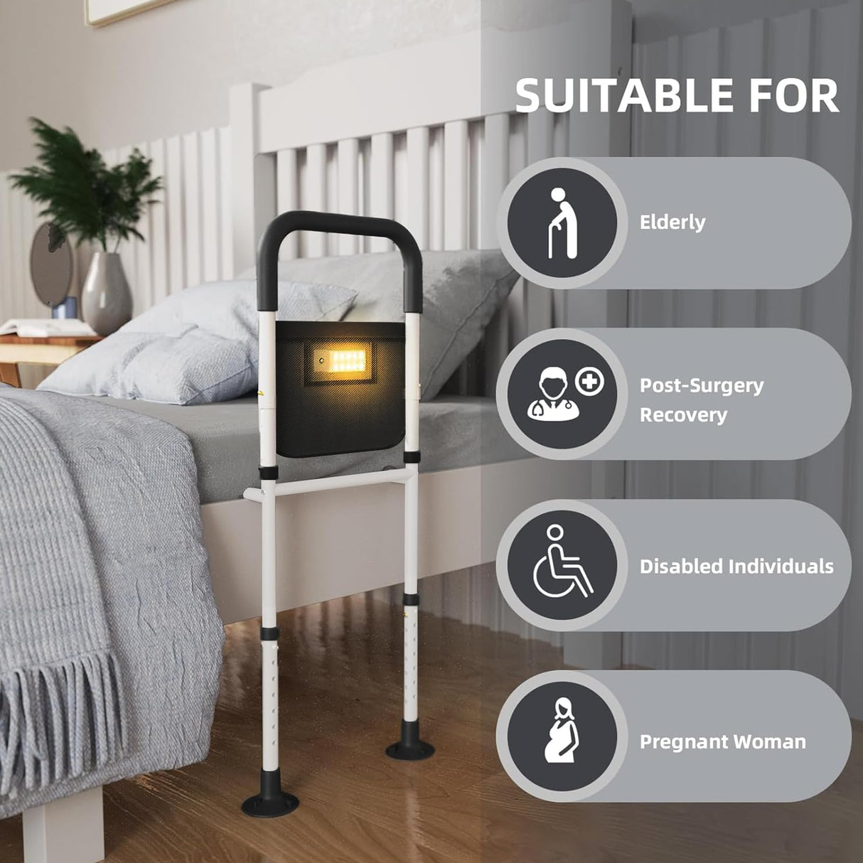 Bed Rails for Elderly Adults Safety: Adjustable Heights Assist Side Bed Rail with Motion Light & Storage Bag - Bed Railing Handle Support Bar Guard Rails Hold up to 350 Lbs for King Queen Full Twin