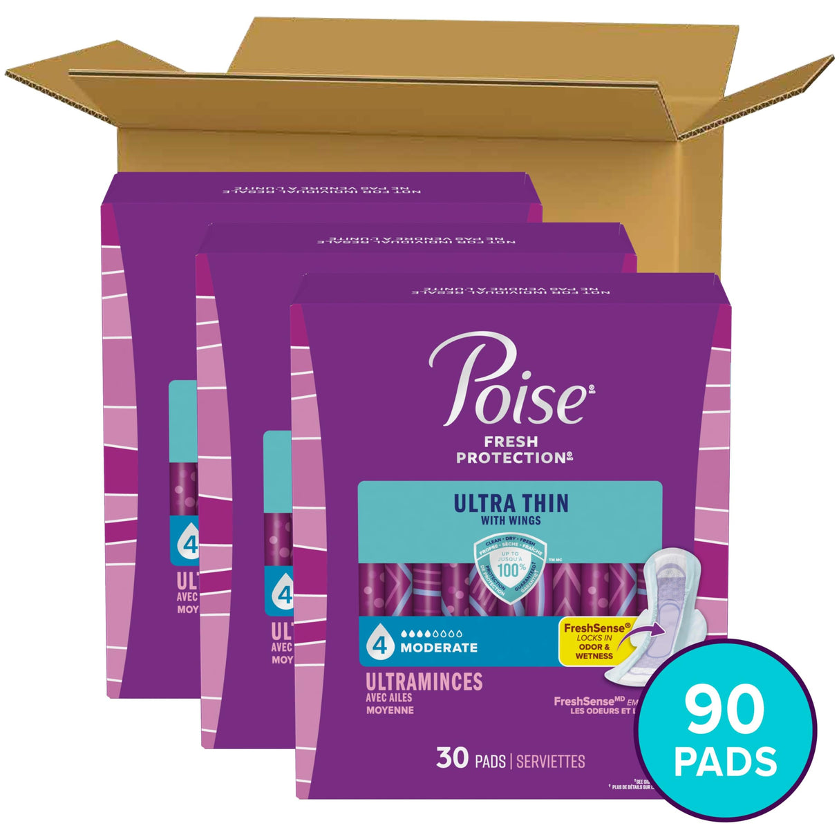 Poise Ultra Thin Incontinence & Postpartum Pads with Wings for Bladder Leaks, 4 Drop Moderate Absorbency, Regular Length, 90 Count, Packaging May Vary