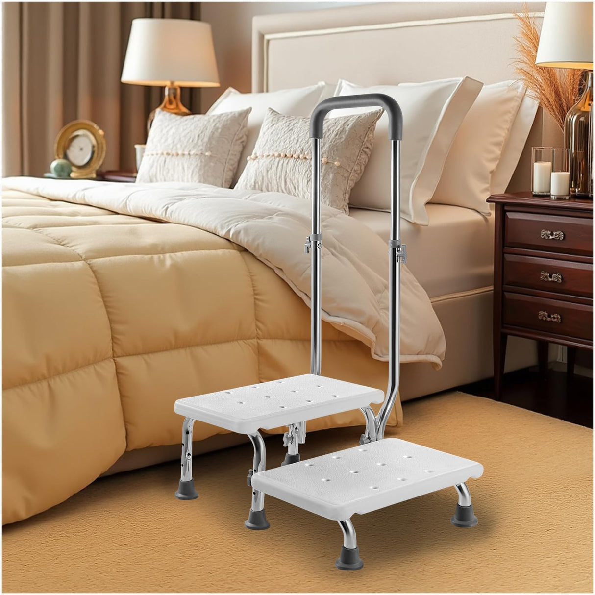 2 Step Stool with Handle for Elderly - Non-Slip Bedside Steps with Adjustable Handrail (450 lbs Capacity)